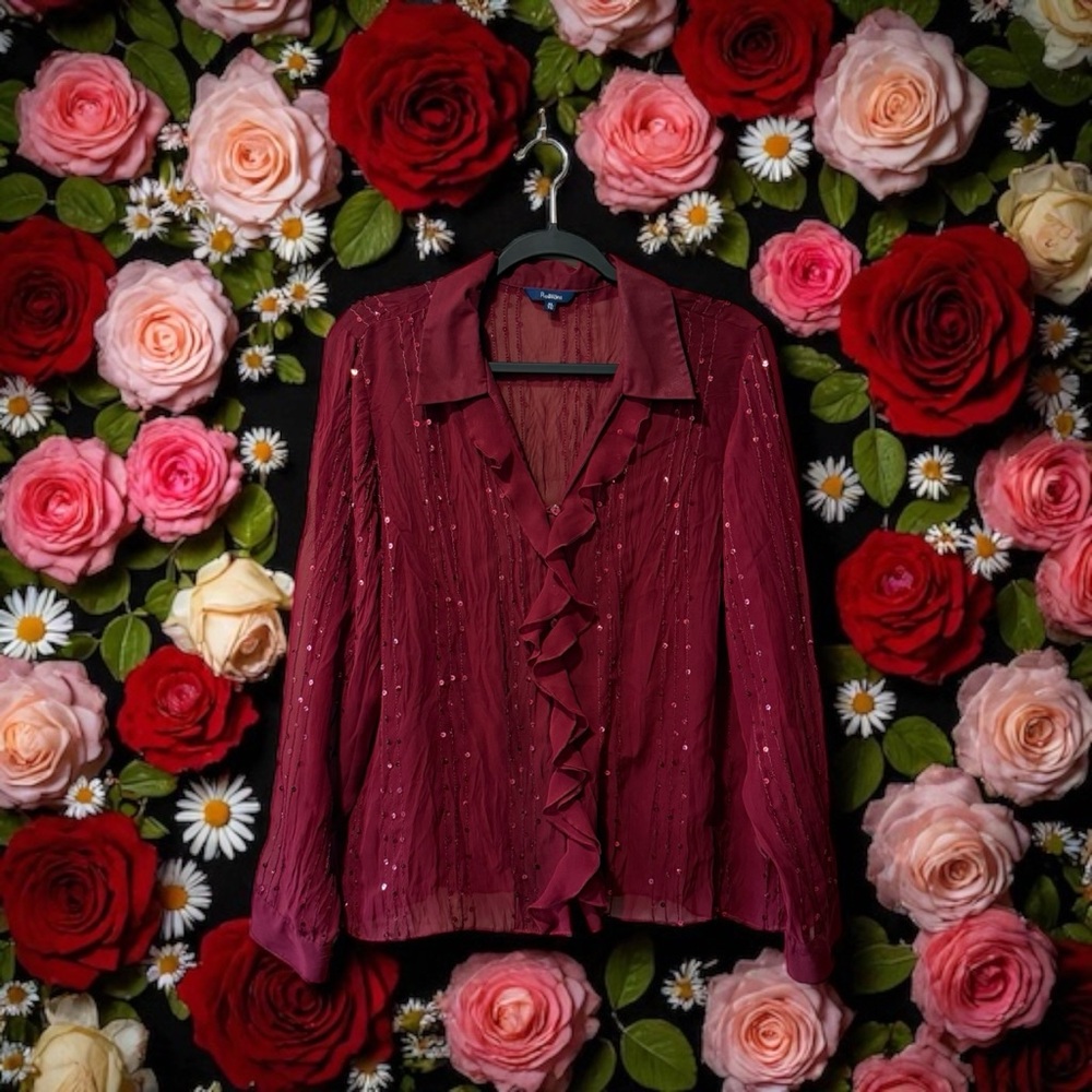 Reitmans Burgundy Sheer Sparkly Top with Ruffles & Sequin Embellishment - Picture 13 of 13